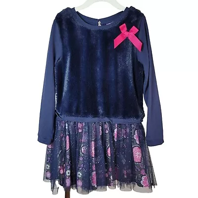 Dollie & Me Girls Floral Tutu Dress Blue Size 7 Bow Faux Fur Tulle Long Sleeve • $14.16