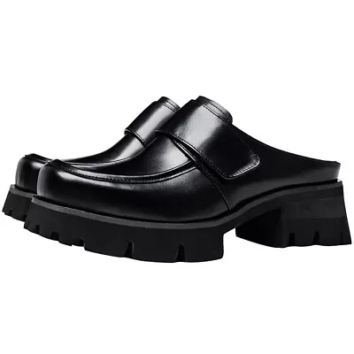 Square Toe Slip On Mules Slipppers Mens Platform Mid Heel Shoes Real Leather New • $116.99