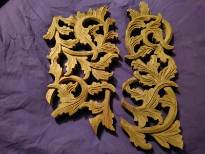 £45 • Buy 2x Vintage Hand Carved Wooden Fretwork Panels Scrolling Acanthus Leaf Decoration