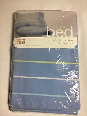 Martha Stewart Tropical Stripe Standard / Queen Pillowcases Set Of 2 Blue C3 • $13.99