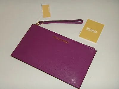 MICHAEL KORS MK Jet Set LG CLUTCH Zip Wristlet Wallet Pomegranate Purple Leather • $66.29