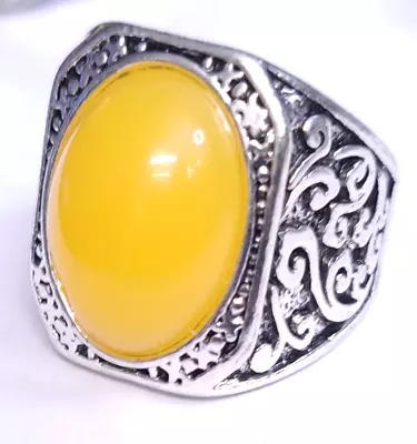 Ring Size 10 Silvertone Yellow Cabachon Oval Stone Chunky Square Ornate Mens New • $16.74