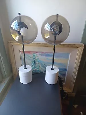 Pair Retro Atomic Table Lamps West Elm Sphere And Stem Marble Base Smoked Globes • $245