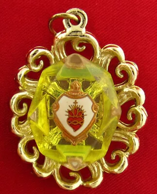 Vintage SACRED HEART OF JESUS Medal Pendant Enamel HEART Faux Yellow Gem Large • $19.99