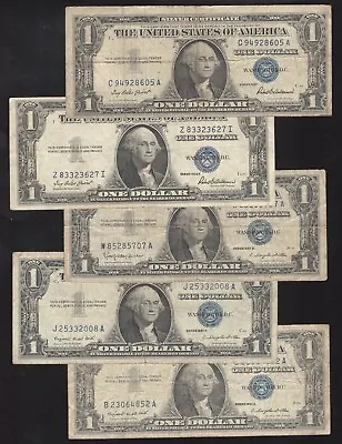 ⭐ Lot Of (5) 1935-1957 $1 Silver Certificate *blue Seal* Dollar Free Shipping⭐ • $19.95