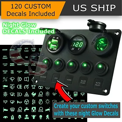 5 Gang On-Off Green LED Toggle Switch Panel Voltmeter Dual USB Car Boat Marine • $25.95