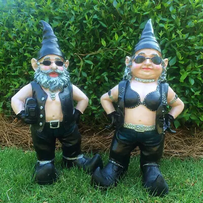 Biker Garden Gnome Couple Figurine Naughty Gnomes Statue Outdoor Decor Gift 1Set • $14.88