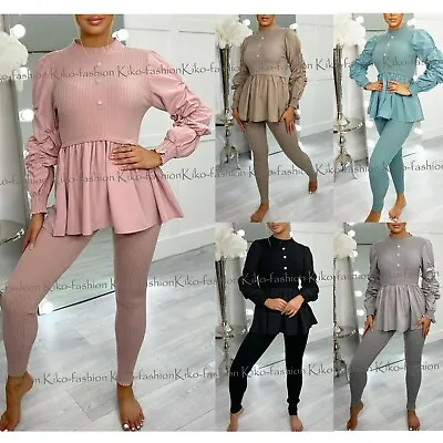 Womens Ladies Ribbed Frill Peplum Loungewear Suit Shirt Contrast Tracksuit Set • £24.95