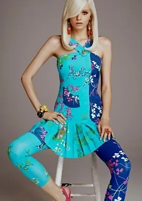 Versace H&m Rare Blue 100% Silk Floral Asymmetric Dress Uk 12 Eu 38 Us 8 M New • $88.41