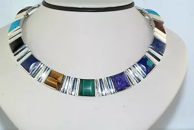 Vtg Mexican 950 Sterling Silver Malachite Lapis Turquoise Choker Necklace 130gr  • $165