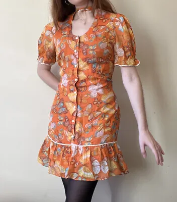 60s 70s Psychedelic Butterfly Hippie Dress Original Vintage Retro Mod Small • £50