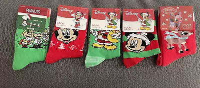 Disney Child’s Size 7-10 Mickey Mouse Minnie Rudolph Peanuts Christmas Socks Lot • $14