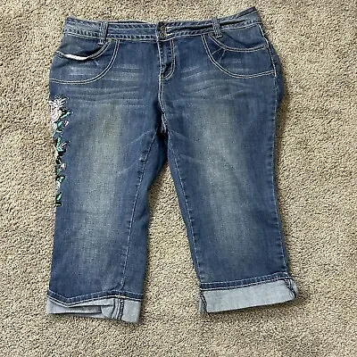 ED HARDY Women's Premium Denim Mid-Rise Cropped Jeans Sz 18 LIFE LOVE LUCK • £38.01