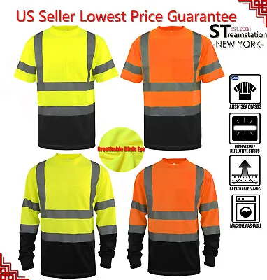 Hi Vis T Shirt ANSI Class 3 Reflective Safety HIGH VISIBILITY Black Bottom 34 • $15.88