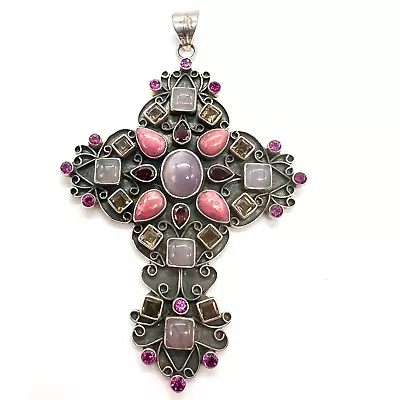 Vintage NICKY BUTLER Sterling Silver Multi Gemstone Large CROSS Necklace Purple • $129.99