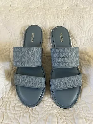 Michael Michael Kors Blue Logo Kennedy Slip On Slide Sandals Double Strap Sz 10 • $30