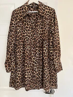 Zara Silky Leopard Print Shirt Dress Size M • £9