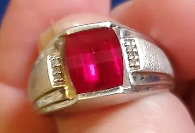 Retro Jewelry Men's Ring Sterling Art Deco Faceted Synthetic Ruby Sz 10 Sign CI • $52.20