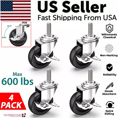 4x 3 Inch Rubber Casters Heavy Duty Safety Brake Wheels For Wire Shelving Rack • $19.59