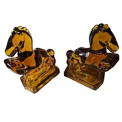 Vintage L.e. Smith Book End Amber Glass Horse Figurine Set • $40