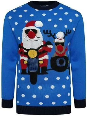 Men's Unisex Santa Rudolph Rides Motorbike Christmas Jumper Xmas Sweater Bule Bl • £16.99