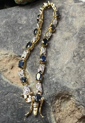 $99.99 • Buy Gold Sterling Silver Vermeil Natural Diamond Blue Sapphire Tennis Bracelet 7.5 