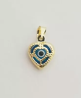 $55 • Buy 14k Yellow Real Gold Evil Eye Heart Pendant Good Luck Heart Charm