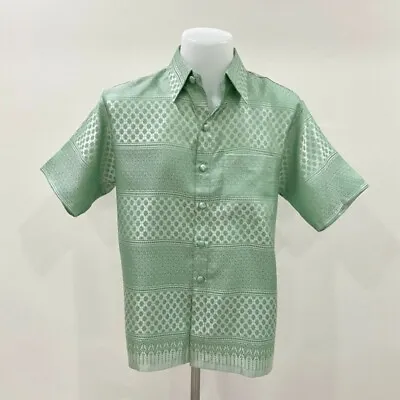 Men's Traditional Thai Silk แพรวา Mandarin Collar Shirt Short Sleeve Size L 00g • $49