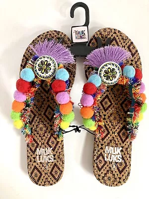 MukLuks NWT Womens Rainbow Pom Pom Fringe Maryanne Boho Sandals Size 8 New WTags • $29