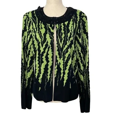Ming Wang Black & Neon Green Funky Print Knit Jacket • $44.99