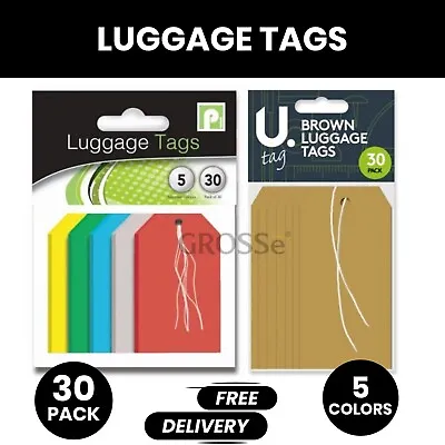 30 LARGE CARD LUGGAGE Gift TAGS & STRING Blank Tie On Labels Travel Suitcase Bag • £2.79