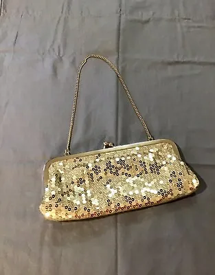 Ann Taylor Loft Gold Sequin Clutch Bag Purse Hidden Shoulder Chain • $8