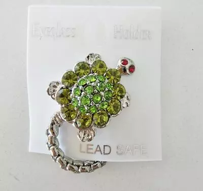 Green Crystal Turtle Magnetic Eyeglass Holder Brooch Pin Silver Plated • $5.99