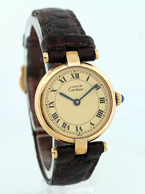 Vintage Must De Cartier Vermeil Quartz 925 Silver Swiss Watch Leather Band -Runs • $949