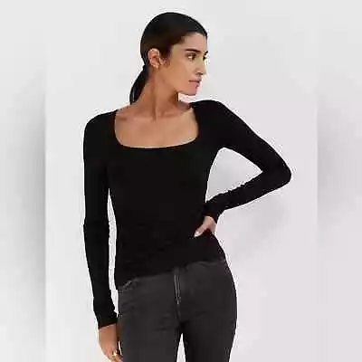 Marcella NYC Yvonne Long Sleeve Square Neck Top Solid Black Size XS • $48.99