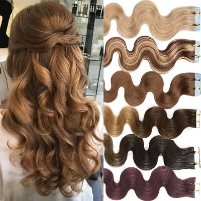 Wavy Tape In Real Remy Human Hair Extensions Seamless Skin Weft Full Head 200G • $22.17