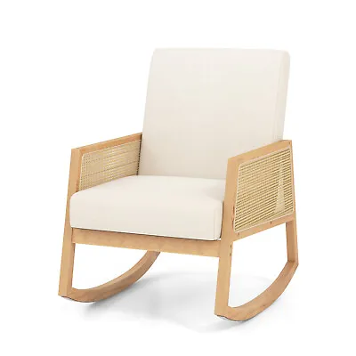 Upholstered Rocking Chair Bedroom Modern Single Accent Chair W/Rattan Armrests • £114.95