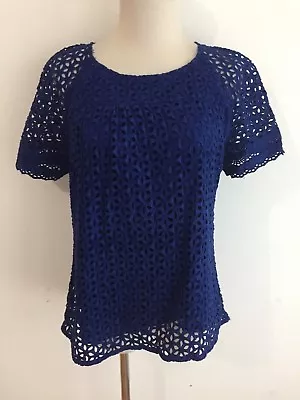 J.CREW Crewneck Key-Hole Crochet Floral Lace Top Tee Royal Blue Size 4 • $19.99