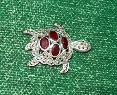 Vintage Sterling Silver TURTLE GARNET  & MARCASITE  Bezel Mounted PIN Beauty! • $27.99