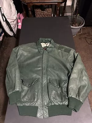 Vtg General Clothing Company 90s Mens M Green Leather Bomber Jacket Map Lined • $1