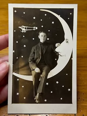 Vintage Young Man Gentleman Paper Moon Studio Prop Airplane Stars Postcard RPPC • $74.99
