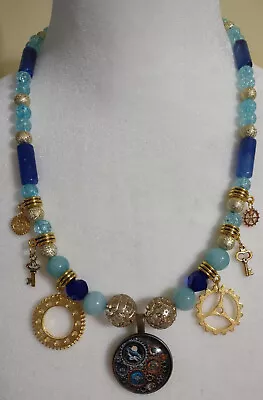 Hand Beaded Necklace Gears Keys Steampunk Blue & Gold Glitter Time • $16