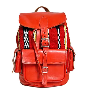 Moroccan Leather Backpack Red Rucksack Boho Kilim Carpet Bohemian Travel Bag • $62