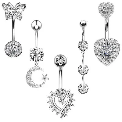 $13.99 • Buy 5pcs 14G Surgical Steel Dangle Belly Button Rings CZ Navel Body Piercing Jewelry
