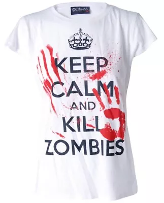 Keep Calm And Kill Zombies Ladies White T-Shirt Survival Horror Blood Darkside • £17.95