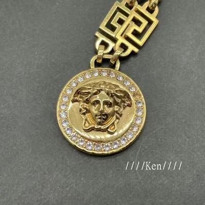 VERSACE GIANNI VERSACE Necklace Pendant AUTH Logo Vintage Rare Gold Rhinestone • $479.99