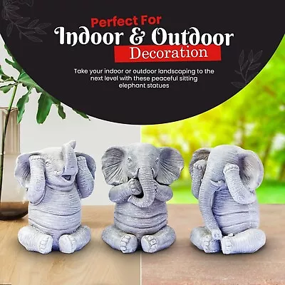 Garden Indoor Outdoor Ornament Elephant 3 Wise Set See No Evil Speak Hear Zen • £21.95