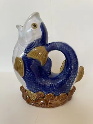 Vintage Majolica Blue Gurgle Koi Fish Deco Art Ceramic Jug Pitcher Vase • $19.99