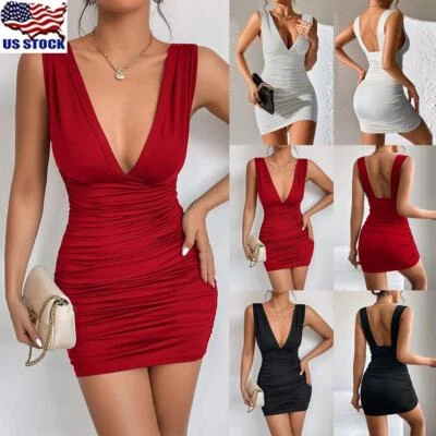 $16.89 • Buy Women Sexy Solid Deep V Neck Bodycon Dress Mini Sleeveless Party Clubwear Dress