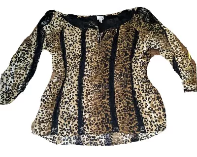 COLLEEN LOPEZ My Favorite Things L NEW Lace Lined BLOUSE Leopard Animal Print  • $20.39